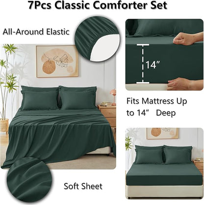 CozyLux King Size Comforter Set Forest Green - 7 Pieces Bed in a Bag King, Luxury Soft Bed Set for All Seasons, Bedding Set with Down Alternative Comforter, Sheets, Pillowcases & Shams