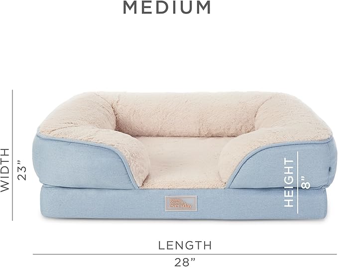 TOWN & COUNTRY EVERYDAY CuddleTown Comfy Solid Bolster Sofa Pet Bed, Supportive & Calming Egg Crate Foam, Non-Slip Bottom, Machine Washable Cover, Blue, Medium 28"x23"x8"-Mewly Pet