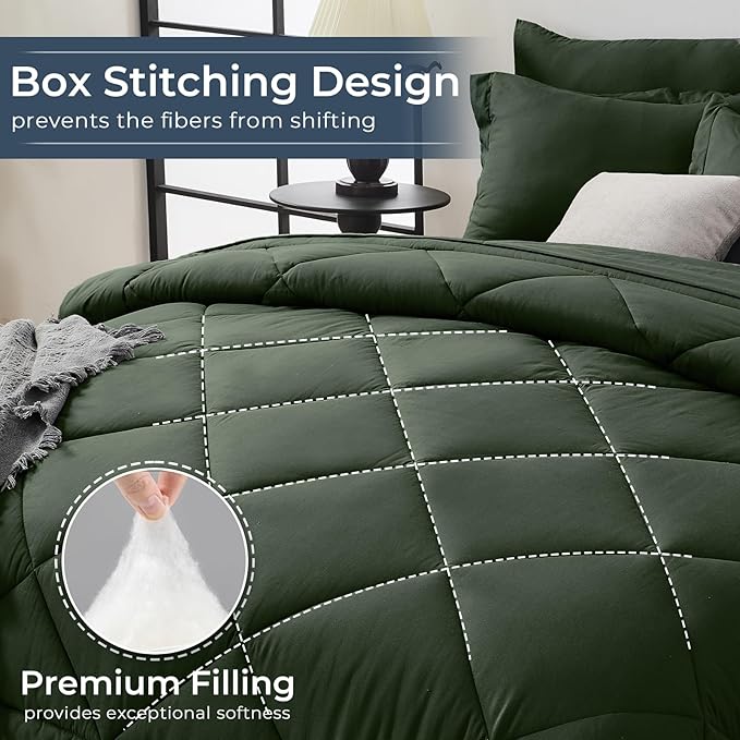 HEVUMYI Army Green King Comforter Set - 7-Piece All Season Bed in a Bag King, Ultra Soft Bedding Set with Comforter, Flat Sheet, Fitted Sheet, Pillowcases, Pillow Shams
