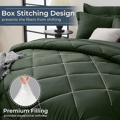 HEVUMYI Army Green Full Comforter Set - 7-Piece All Season Bed in a Bag Full, Ultra Soft Bedding Set with Comforter, Flat Sheet, Fitted Sheet, Pillowcases, Pillow Shams