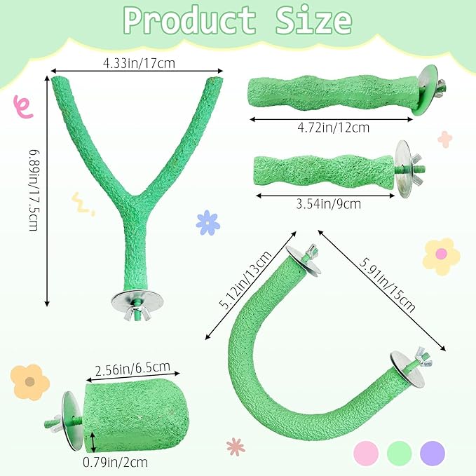 PINVNBY 5 Pack Bird Perch Resin Bird Beak Grinding Stone Parrot Cage Perch Stand Platform Foot Claws Trimmer Chew Toy Bird Cage Accessories for Budgie Cockatiel Conure Lovebird Finch (Green)-Mewly Pet