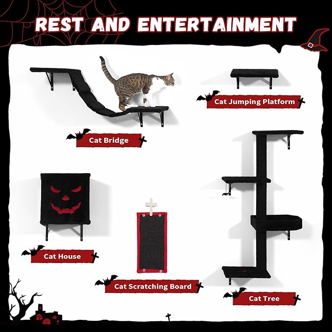 COZIWOW Wall-Mounted Cat Tree | Space-Saving Feline Furniture with Multiple Levels | Durable Scratch Post for Indoor Cats, Black&Red-Mewly Pet