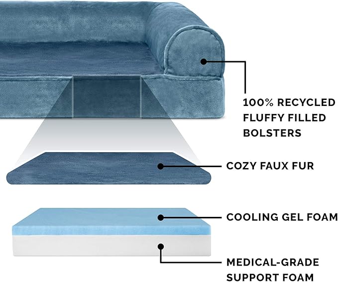 Furhaven Cooling Gel Dog Bed for Medium/Small Dogs w/ Removable Bolsters & Washable Cover, For Dogs Up to 35 lbs - Faux Fur & Velvet Sofa - Harbor Blue, Medium-Mewly Pet