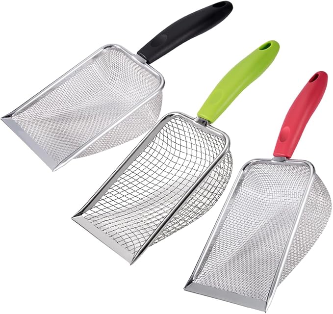 3PCS Cat Litter Scoop, Reptile Stainless Steel Fine Mesh,Litter Cleaner Corner Scoop Sand Sifter (Black-Green-Red)-Mewly Pet