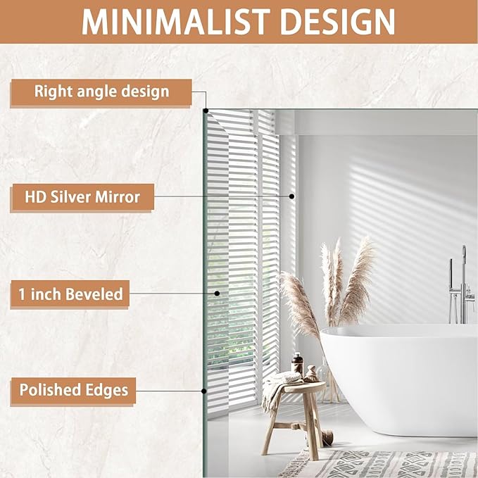 Frameless Mirror for Bathroom Vanity,30x40in Wall Mounted Mirrors for Over Sink Decorative Rectangular Frameless Mirror,With Polished Edge,Hangs Horizontally Or Vertically,Entryways,Room,Shatterproof
