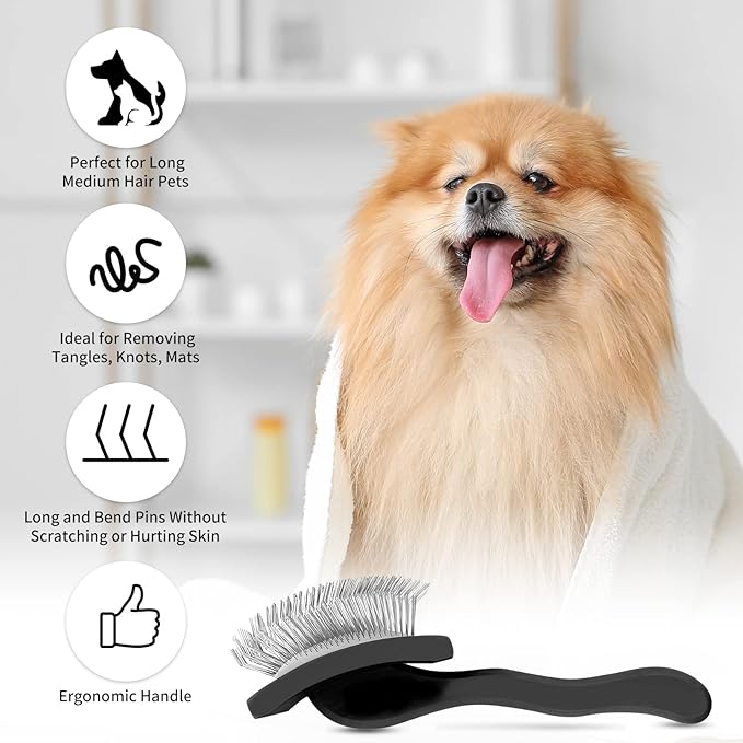 Slicker Brush for Dogs, Long Pin Dog Grooming Brush for Goldendoodles, Poodles, Doodles, Includes Pet Comb & Undercoat Rake, Perfect for De-Shedding, Dematting & Reducing Tangles. Large, Black-Mewly Pet