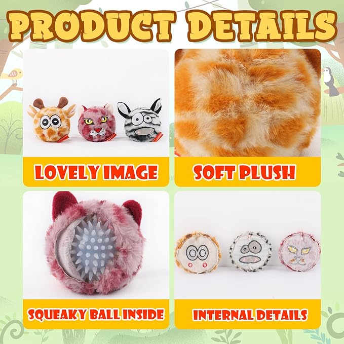 DKING 3Pack Squeaky Dog Balls,2 in1 Funny Puppy Ball Toys,Birthday Dog Toy for Small Medium Dogs (Animal Ball)-Mewly Pet