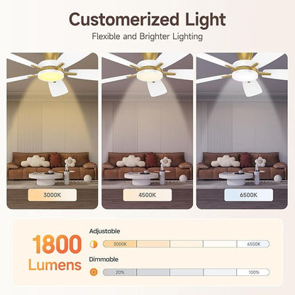 TALOYA Ceiling Fans with Lights and Remote, 46 Inch Low Profile Ceiling Fan with Light, Flush Mount, Reversible, 3CCT, Dimmable Modern Ceiling Fan for Bedroom, Living Room, Outdoor Patio, White Gold