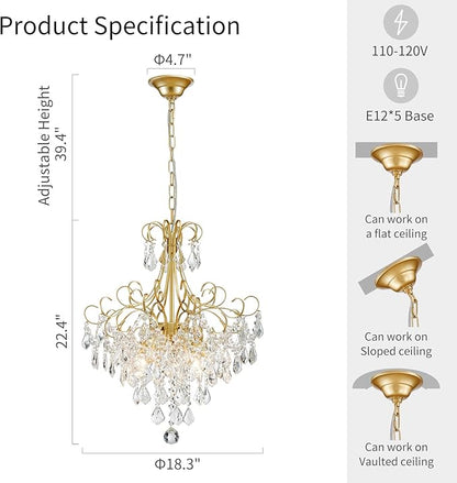 WUZUPS Crystal Chandelier 5-Light Pendant Ceiling Light Modern Lighting Fixture for Dining Room Hallway Bedroom Kitchen Bathroom, H 22.4" x W 18.3", E12 Base, Gold