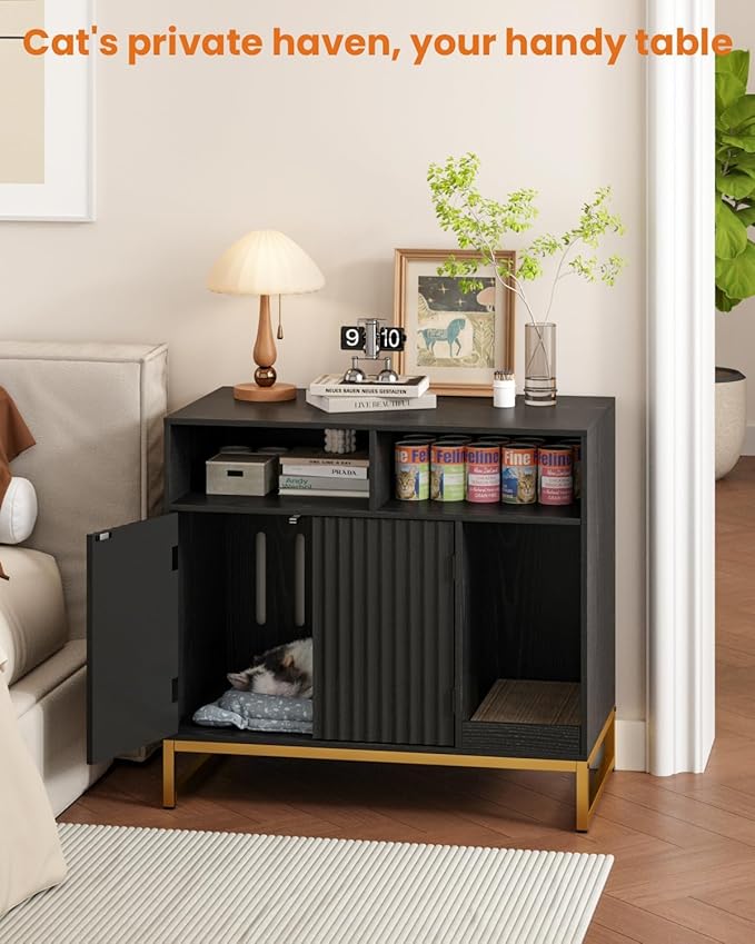 Cat Litter Box Enclosure, Large Hidden Pet Storage Cabinet Furniture with Waveform Fluted Doors & Scratching Pad, Modern Wooden Cat House Indoor for Washroom, Living Room, Bedroom, Black-Mewly Pet
