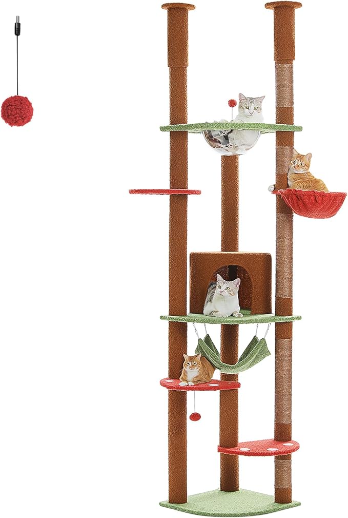 PEQULTI Floor to Ceiling Cat Tree 92.9’’-101.6’’ Height Adjustable Mushroom Cat Tower Tall Climbing Play House with Scratching Posts, Cozy Condo, Perches and Large Hammock for Indoor Cats Brown-Mewly Pet