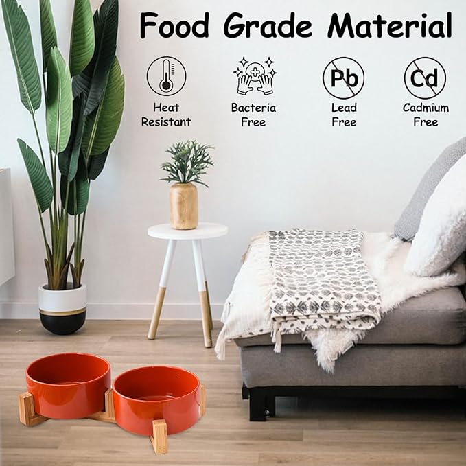Petygooing Dog Bowls,Ceramic Cat Dog Bowl Set with Wood Stand for Food and Water,Non-Slip Cute Modern Pet Dish for Cats Small Size Dogs Puppy (13.5OZ/5.1 in) Rust Red-Mewly Pet