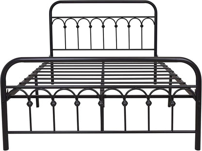 TUSEER Metal Bed Frame Full Size with Vintage Headboard and Footboard Platform Base Wrought Iron (Black)