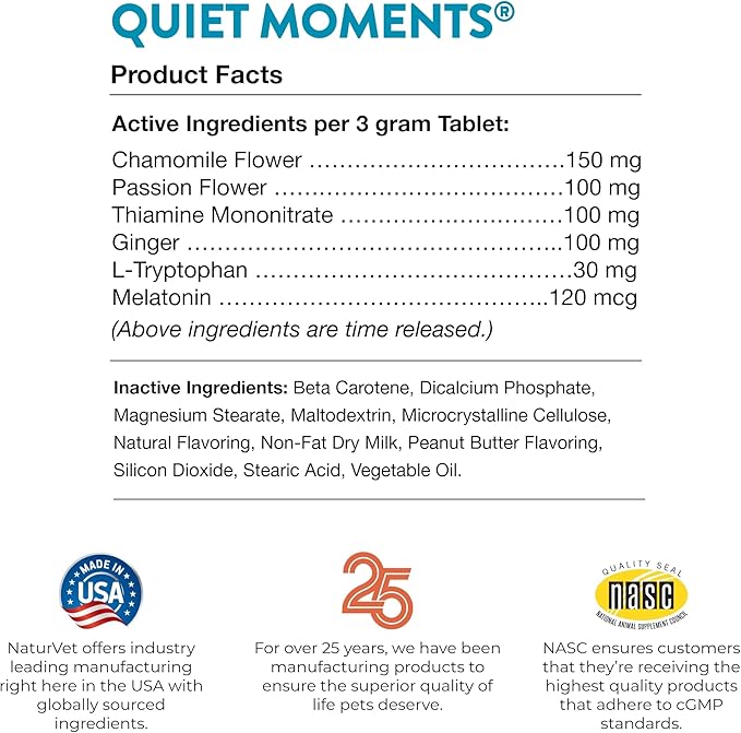 NaturVet Quiet Moments Calming Aid Dog Supplement, Helps Promote Relaxation, Reduce Stress, Storm Anxiety, Motion Sickness for Dogs (Quiet Moments Melatonin, 60 Soft Chews)-Mewly Pet