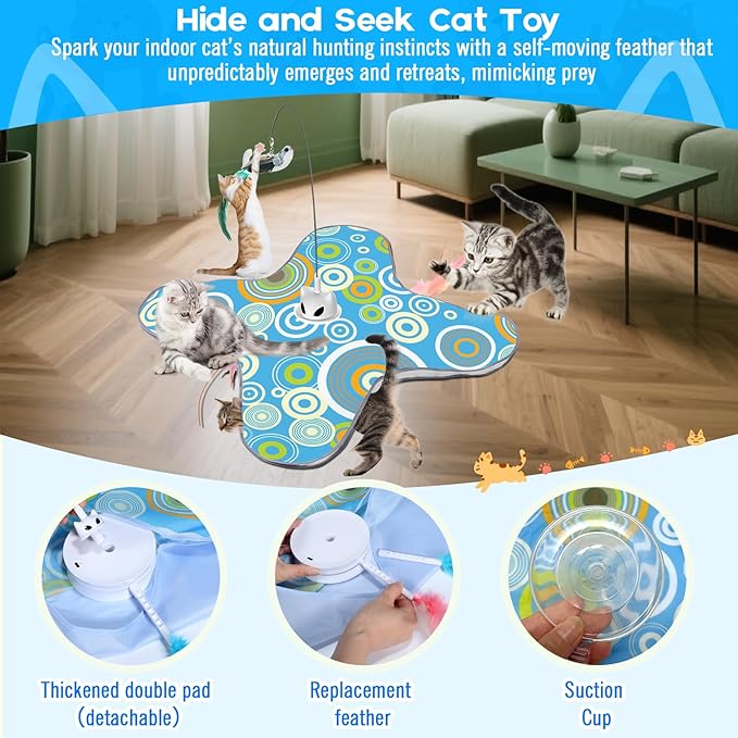 VIWIK Hide and Seek Toys for Indoor Adult Cats with Suction Cup & Cover, Interactive Automatic Moving Concealed Feather Kitten Wand Bird Toy, Cat Enrichment Toys for All Breeds Blue-Mewly Pet