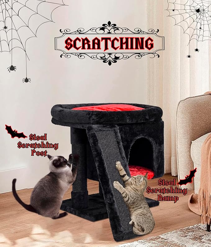 SYANDLVY Gothic Cat Tree with Coffin Bed for Indoor Cats, Cat Tower with Scratching Post, Modern Activity House for Large Cats, Condo with Board, Kittens Cave-Mewly Pet