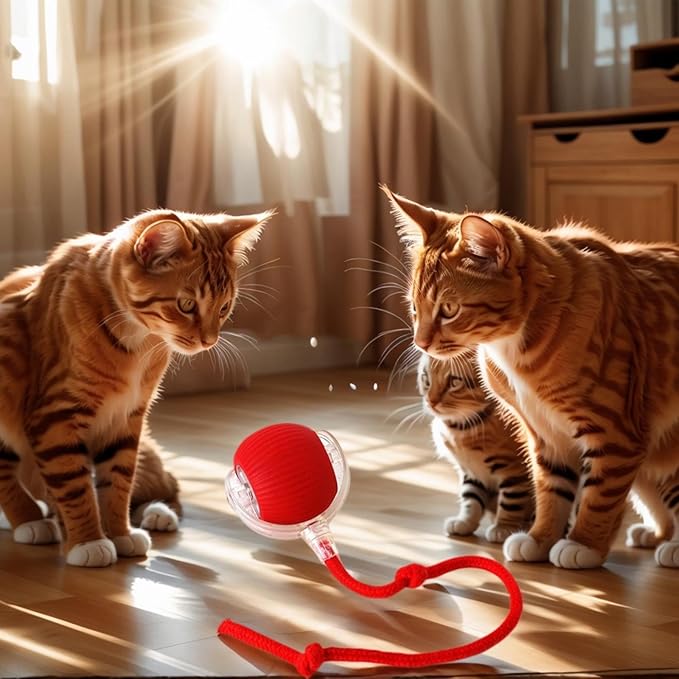 Electric Cat Toy - Automatic Rolling cat Toy with Motion sensors, Designed for Indoor Cats, Suitable for Solo Play (USB Rechargeable) (Red)-Mewly Pet