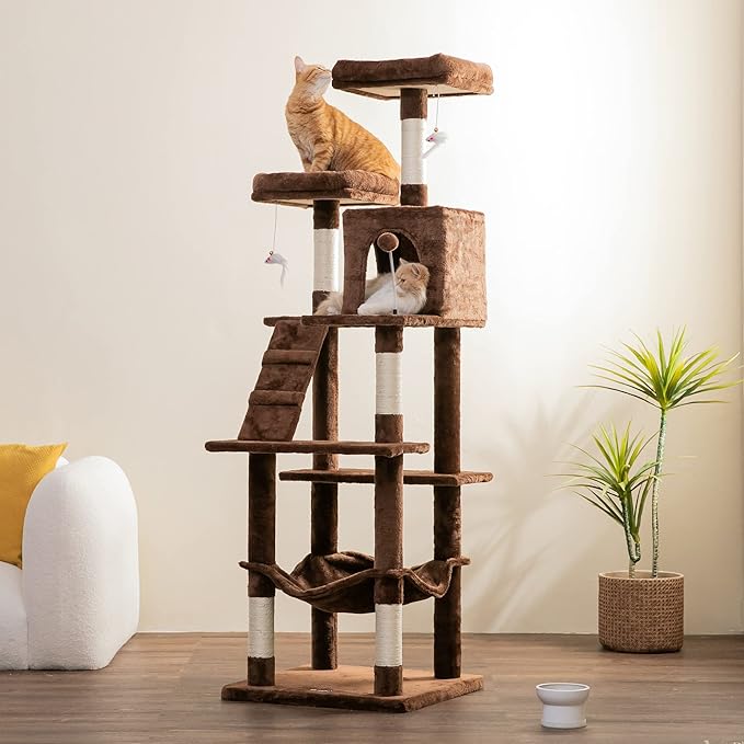 MWPO 70.1-Inch Large Cat Tree, Multi-Level Tall Cat Tower for Indoor Cats, Plush Cat Condo with Big Padded Perches, Sisal-Covered Scratching Posts, Hammock, Toys for Kittens & Cats - Brown-Mewly Pet