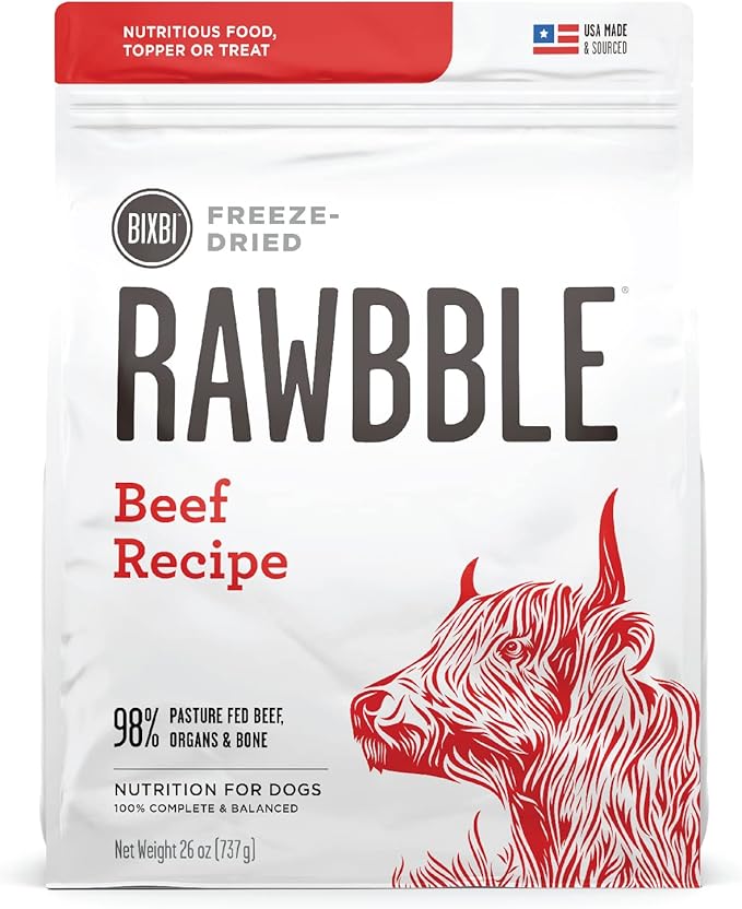 BIXBI Rawbble Freeze Dried Dog Food, Beef Recipe, 26 oz - 98% Meat and Organs, No Fillers - Pantry-Friendly Raw Dog Food for Meal, Treat or Food Topper - USA Made in Small Batches-Mewly Pet