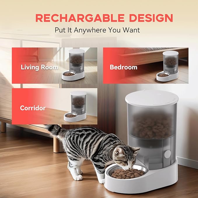 PAPIFEED Automatic Cat Feeder, 4L Auto Dog Cat Feeder with Rechargeable Battery & Dual-Band WiFi (2.4G & 5G), Automatic Pet Food Dispenser for Outdoor Travel Home - Ceramic Bowl Included-Mewly Pet