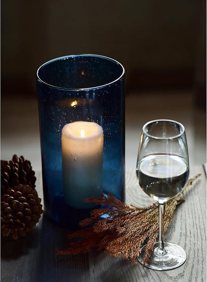 ARIAMOTION Glass Hurricane Candle Holder for Pillar Blue Cylinder Vase Flower Centerpiece Seeded Bubbles Modern Table Decoration for Kitchen Living Room 8 Inch 5 inch Diam