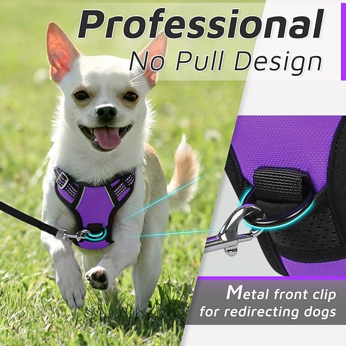 Eagloo Small Dog Harness No Pull, Service Vest with Reflective Strips and Control Handle, Adjustable and Comfortable for Easy Walking, No Choke Pet Harness with 2 Metal Rings, Purple, XS-Mewly Pet