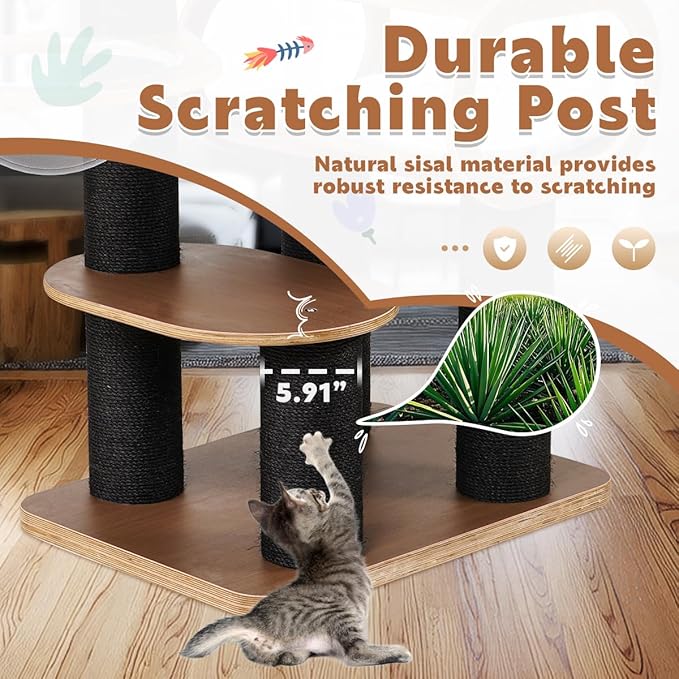 63'' Modern Cat Tree, Black Cat Tower with Scratching Post, Wooden Cat Tree for Indoor Cats Large Adult, Luxury Cat Furniture, Heavy Duty Activity Center with Transparent Bowl and Semi-Closed Condo-Mewly Pet