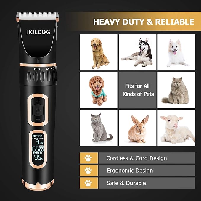 Dog Clippers Professional Heavy Duty Grooming Clipper 3-Speed Low Noise High Power Rechargeable Cordless Pet Tools for Small & Large Dogs Cats Pets with Thick Coats-Mewly Pet