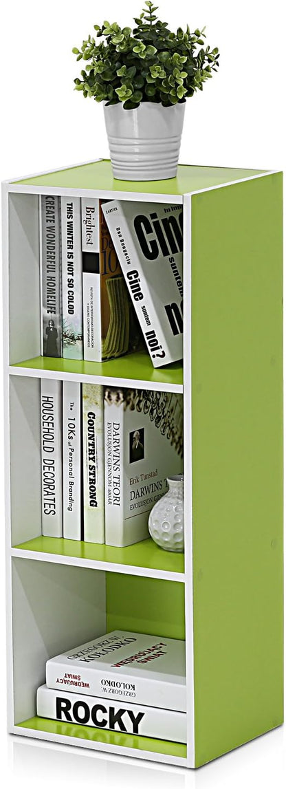 Furinno LUDER Book Shelf, 3-Cube Bookshelf, Bookcase, 9.3" x 12" x 31.5", for Living Room, Bedroom, Home Office, White/Green
