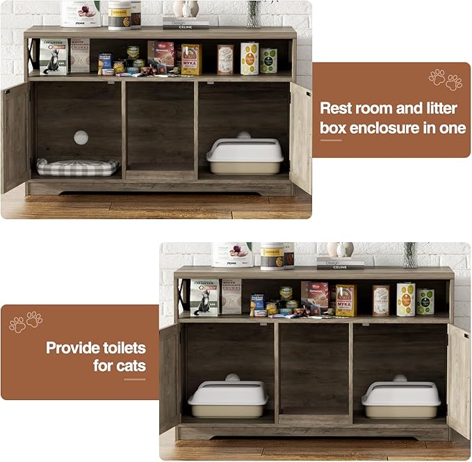 Cat Litter Box Enclosure for 2 Cats, 47" Double Hidden Litter Box Furniture with Scratch Pad, Farmhouse Indoor Litter Box Cabinet Cat Washroom, Grey-Mewly Pet