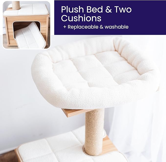 Catry 29.7" Tall 3 Level Laminated Wood Cat Tree with Large Base Condo, 2 Paded Steps, Natural Jute Scratching Post, Sturdy and Easy to Assemble for Small Cat, Brown-Mewly Pet