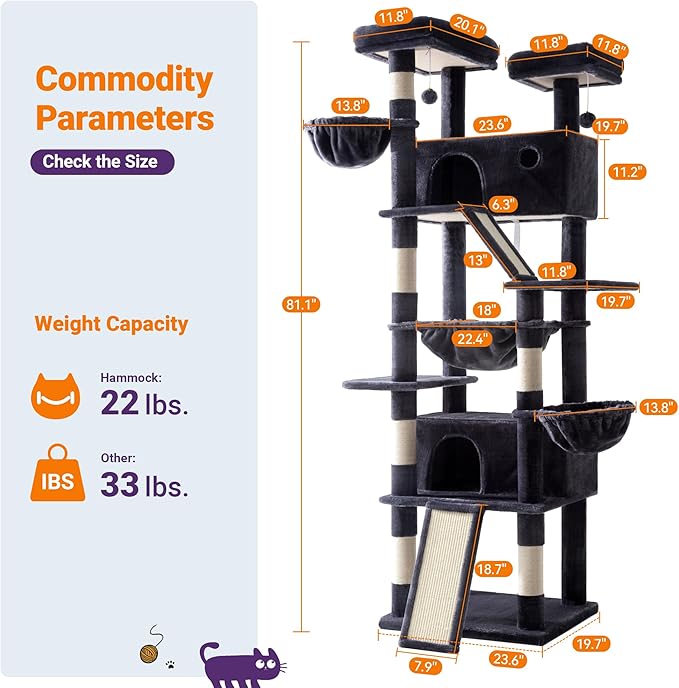 Allewie 81 Inches Tall Cat Tree/Multi-Level Large Climbing Tree House and Towers for Big Feline/Condo and Hammock/Scratching Post/Wide Base/Dark Grey-Mewly Pet