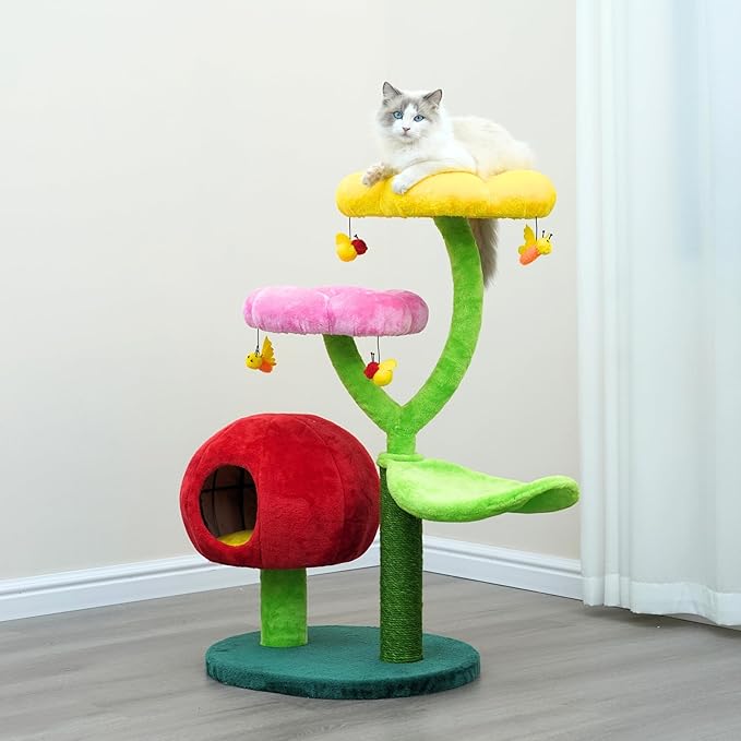 Catry 5-Level 40" Colorful Garden Style Cat Tree with Flower Perches, Leaf Hammock, Fruit Condo, Natural Sisal Scratching Post, Bee Toys, Parts Replaceable-Mewly Pet
