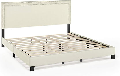 Furinno Laval Double Row Nail Head Upholstered Platform Bed Frame, King, Linen