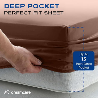 DREAMCARE Twin XL Sheets Set - 4 Pcs Cooling Bed Sheets with Up to 15" Deep Pockets - Soft, Long-Lasting 100% Brushed Polyester with Side Pocket (Mocha Brown)