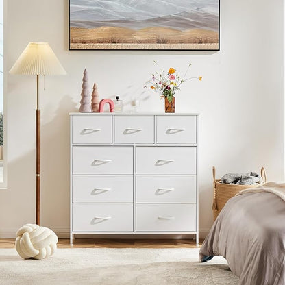 DUMOS Dresser for Bedroom, Storage Organizer with 9 Drawers, Chest of Drawers with Fabric Bins, Sturdy Metal Frame, Wood Tabletop for Guest Room, Closet, Entryway, Nursery