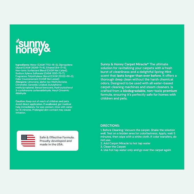 Sunny & Honey Carpet Cleaner Solution - 128 Fl Oz, Spring Mint Scent - Carpet Shampoo & Pet Stain Remover for Upholstery & Rugs, Works With Steam Cleaners-Mewly Pet