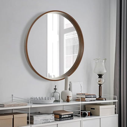 WallBeyond Circle Mirror with Wood Frame, 28" Round Modern Decoration Large Home Decor Mirror for Bathroom Living Room Bedroom Entryway (28" Diameter, Walnut)