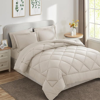 CozyLux Oversized King Comforter Set Beige - 7 Pieces Bed in a Bag Comforter Set with Sheets, Luxury Soft Bed Set All Seasons, Bedding Set with Down Alternative Comforter, Sheets, Pillowcases & Shams