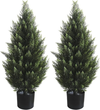 3FT Artificial Topiary Tree Realistic Faux Cedar Pines Christmas Trees UV Rated Fake Shrubs for Front Porch Faux Plants Indoor and Outdoor Decor (2 Pack)