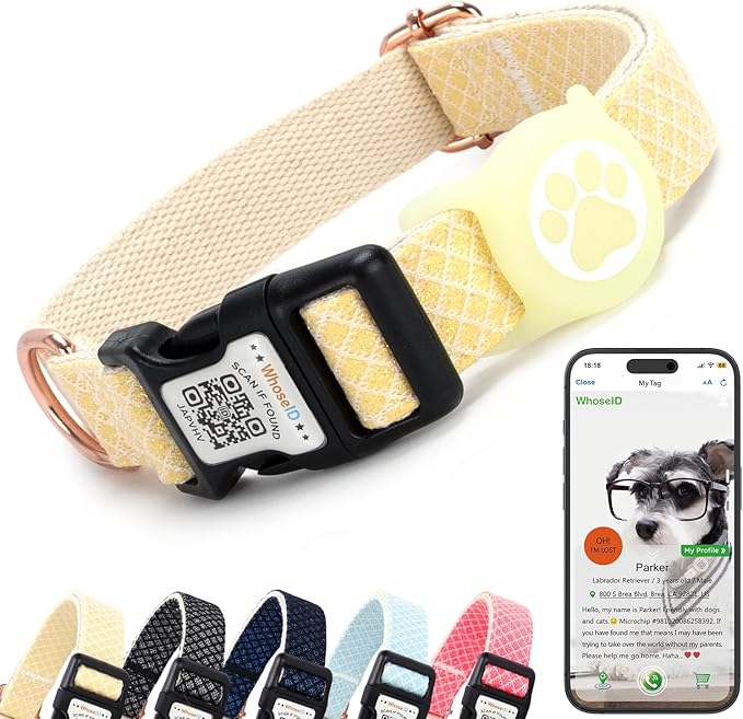 Dog Collar with Waterproof AirTag Holder & Anti-Lost QR Code, Cute Bling Warpping Adjustable Width for Small Medium Large Pet (Yellow, M)-Mewly Pet