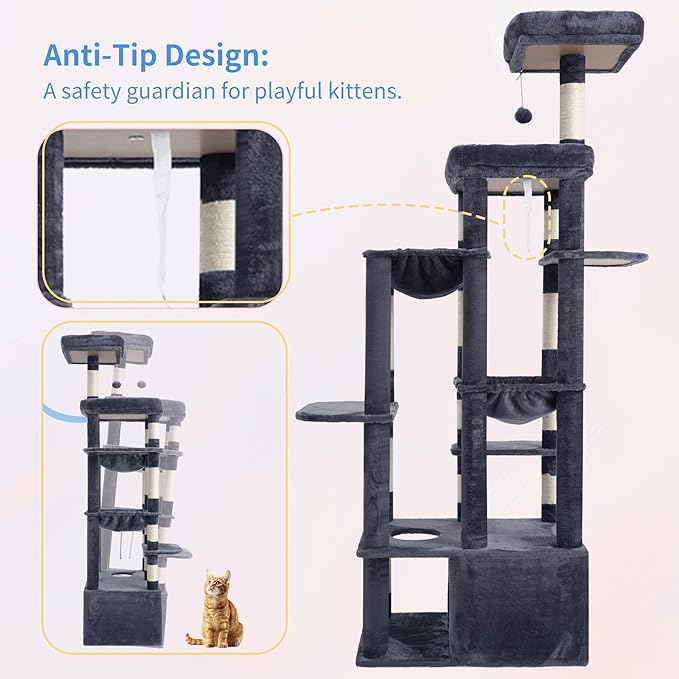 Heybly Heavy Duty Cat Tree, 71-Inch Tall Tower for Large Maine Coon with Extra-Large Baseboard, Cat Condo Furniture with Multi-Level Platforms, 2 Hammocks and 12 Scratching Posts, Smoky Gray HCT037G-Mewly Pet