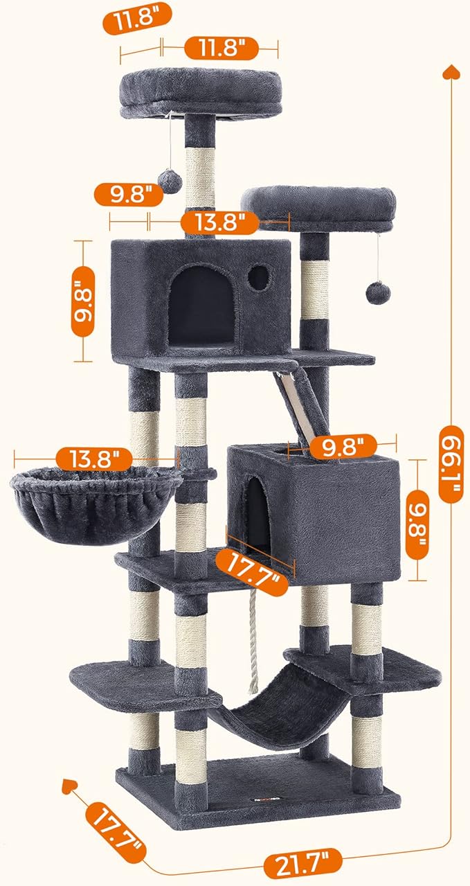Feandrea Cat Tree, 66.1-Inch Large Cat Tower with 13 Scratching Posts, 2 Perches, 2 Caves, Basket, Hammock, Pompoms, Multi-Level Plush Cat Condo for Indoor Cats, Smoky Gray UPCT165G01-Mewly Pet