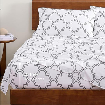LANE LINEN 100% Organic Cotton King Size Bedding Sets, Soft & Comfy Percale Sheets, Breathable Luxury Hotel Low Pill Fade Resistant Printed Cotton Sheets,15" Deep Pocket King Sheet Set - Trellis