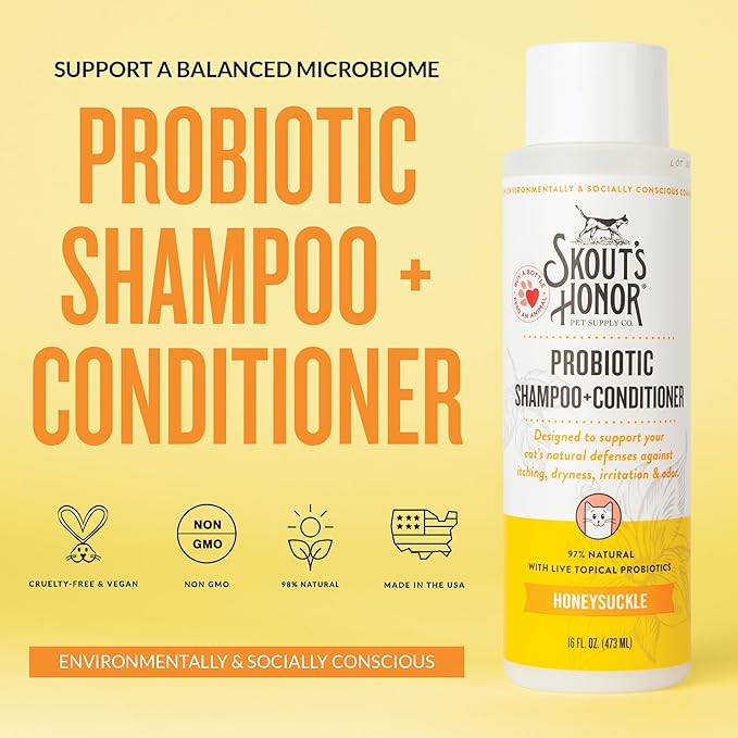 Skout's Honor Probiotic Cat Shampoo & Conditioner with Avocado Oil & Omega-3s, 97% Natural, Paraben & Sulfate-Free, Cruelty-Free, Defend Against Itch, Dryness, Irritation. 16oz, Honeysuckle-Mewly Pet