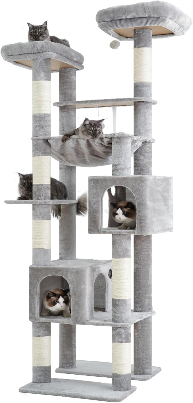 Hey-brother Tall Cat Tree Tower, Heavy Duty Scratching Posts with Large Platforms, Cozy Condos, Big Hammock, Toy Balls, Multi-Level Furniture for Indoor Adult Cats, 80.7 Inches, Light Gray MPJ039W-Mewly Pet