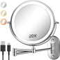 Wall Mounted Makeup Mirror with Light, 20X/1X 8'' Double Sided LED Magnifying Bathroom Lighted Vanity Mirror with Magnification, 3 Color Light up Touch Dimmable Extended Arm 360 Rotation