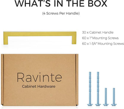 Ravinte 30 Pack 7-1/2 Inch Square Cabinet Handles Cabinet Pulls Brushed Brass Drawer Pulls Kitchen Cabinet Hardware Kitchen Handles for Cabinets Cupboard Handles Drawer Handles