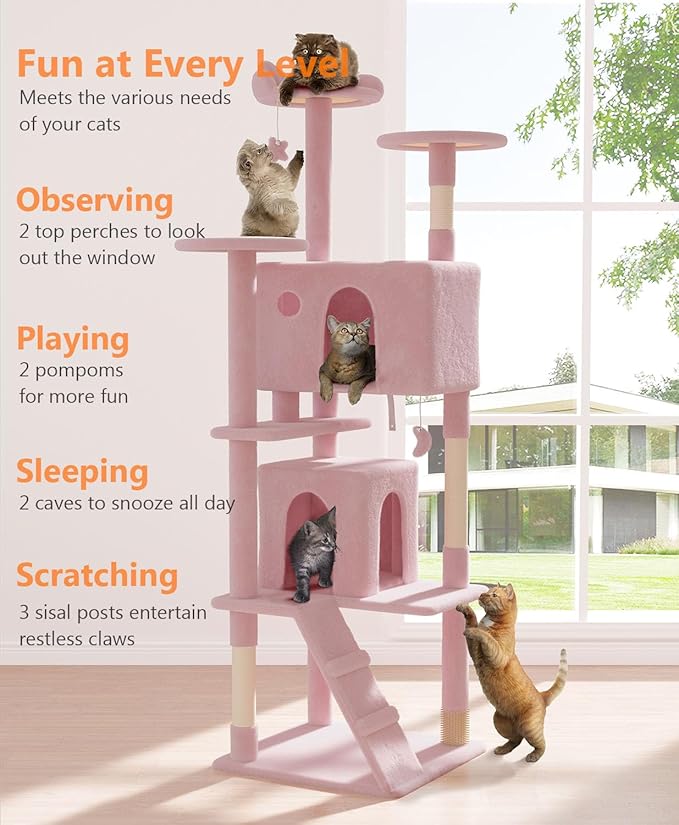 77'' Cat Tree Tower for Indoor Cats Large Adult, Cute/Tall Modern Cat Tree for Big Cats 20 lbs, Plush Multi-Level Cat Condo with Scratching Posts,Dangling Ball (Soft Pink, 77 inch)-Mewly Pet
