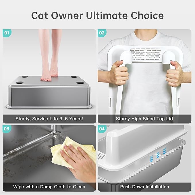 Stainless Steel Cat Litter Box with Lid, XL Metal Litter Box for Big Cats, Extra Large Litter Box with High Sides, Never Absorbs Odors, Non-Sticky, Easy Clean, Anti-Urine Leakage, with Scoop-Mewly Pet